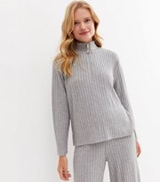 New Look Grey Ribbed Zip High Neck Lounge Sweatshirt